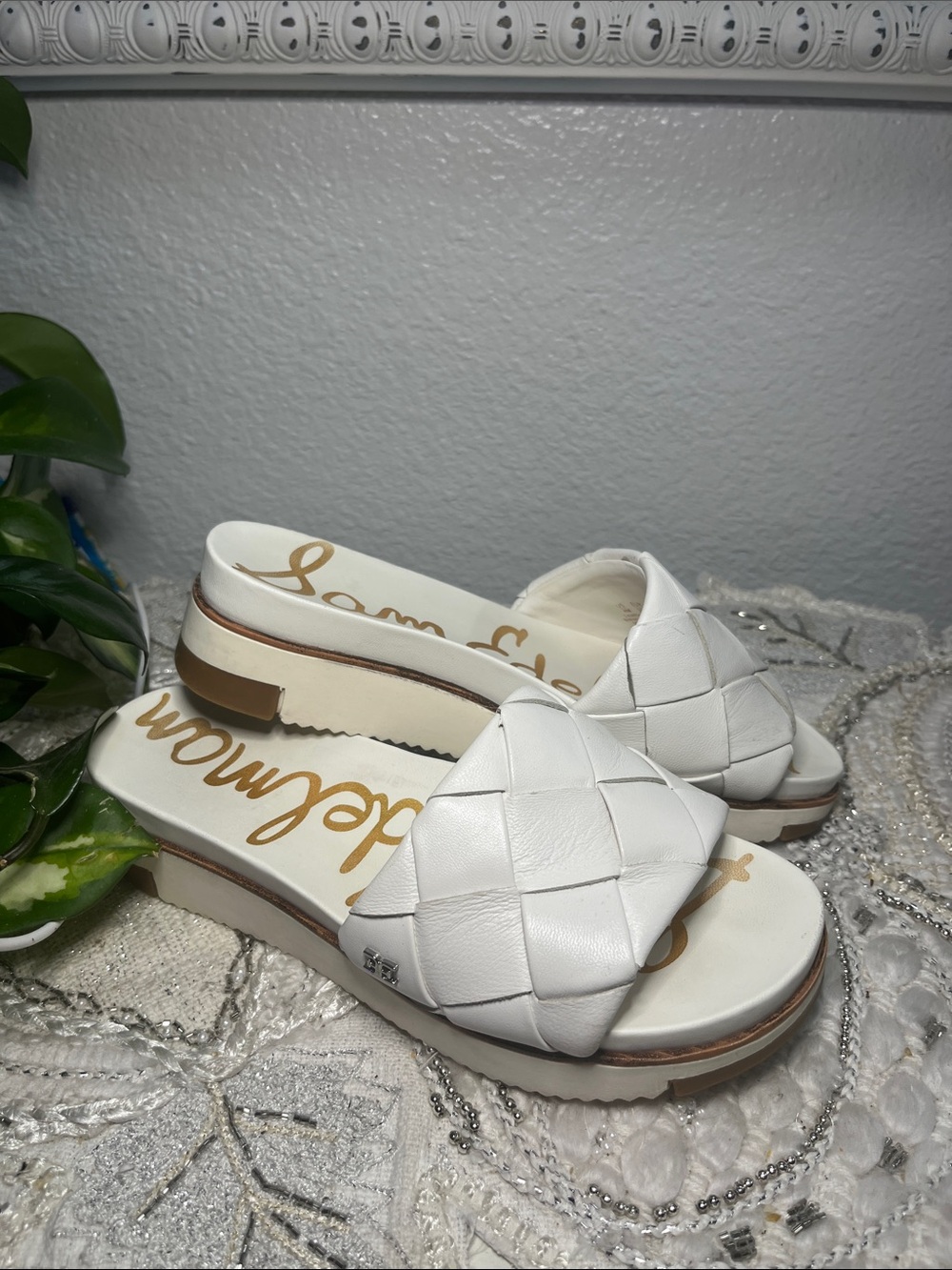 Sam Edelman White Woven Leather Platform Slide Sandals Size 4M - Picture 3 of 12